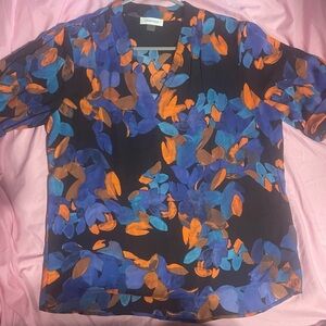 Calvin Klein Black Blouse with Blue and Orange Floral Accents